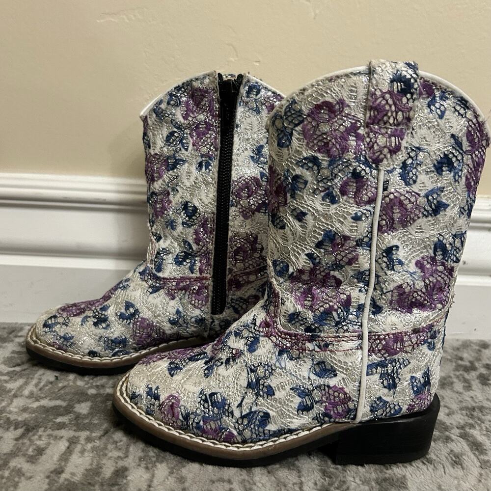 Old West Western Boots Girls Toddler Size 7.0-D Child Floral Sparkle Square Toe - Picture 4 of 12
